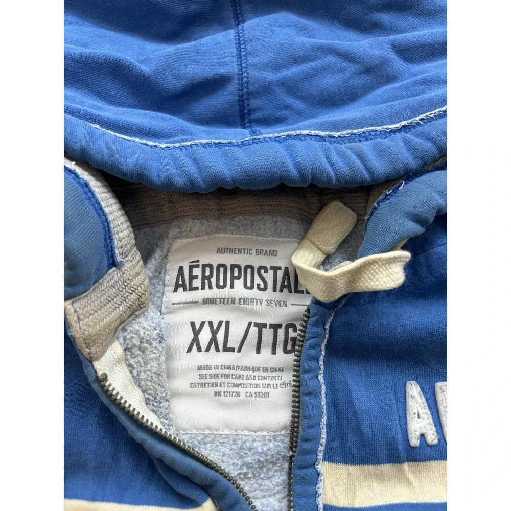 Aeropostale Mens XXL Full Zip Hoodie Blue Cream Striped AERO 87 Hooded Zip Up